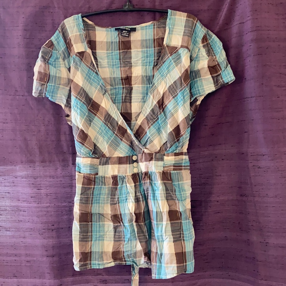 Madras Cotton Top w/ Faux Wrap Neck and Sash